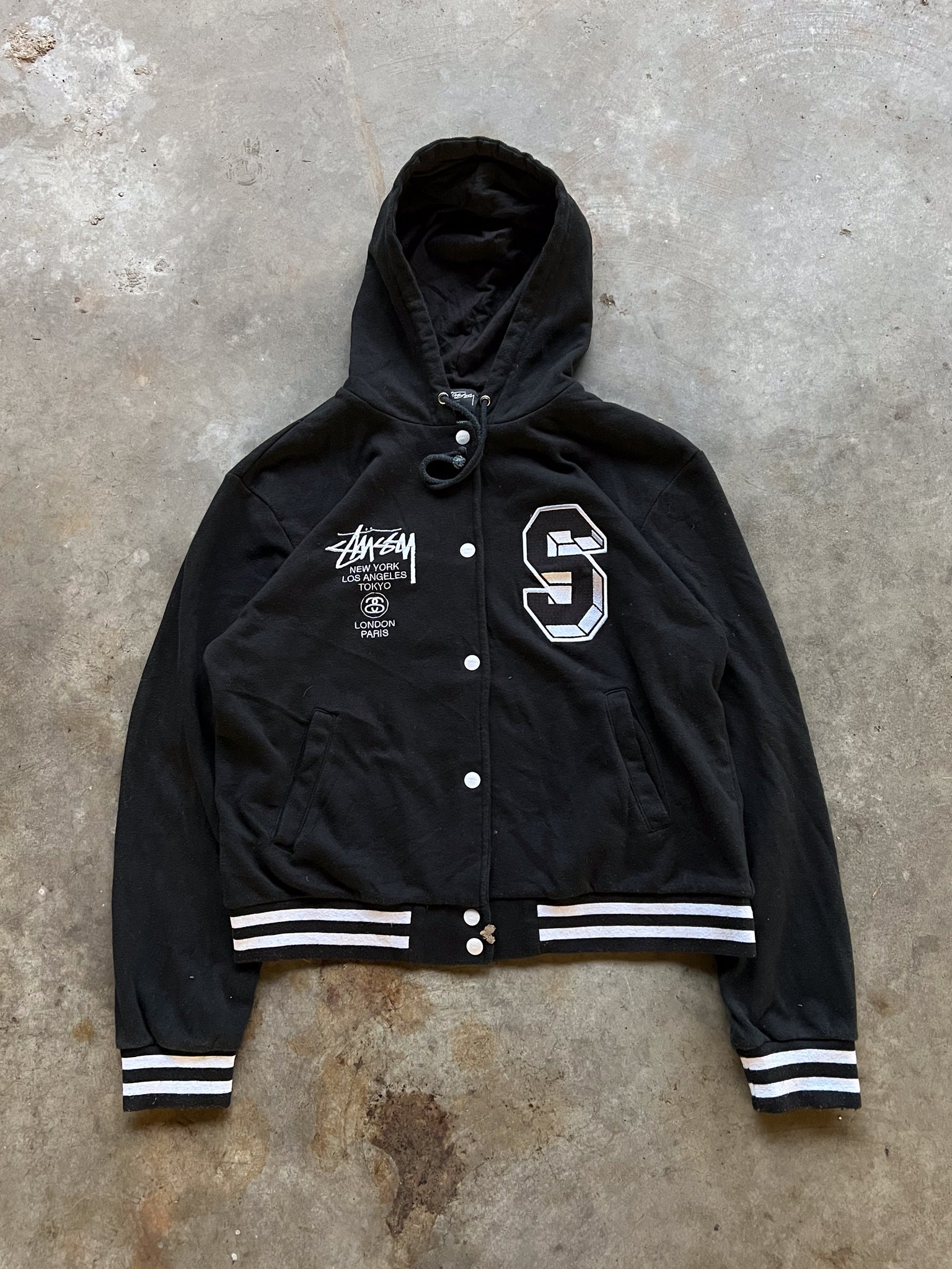 STUSSY HOODED VARSITY JACKET / LARGE