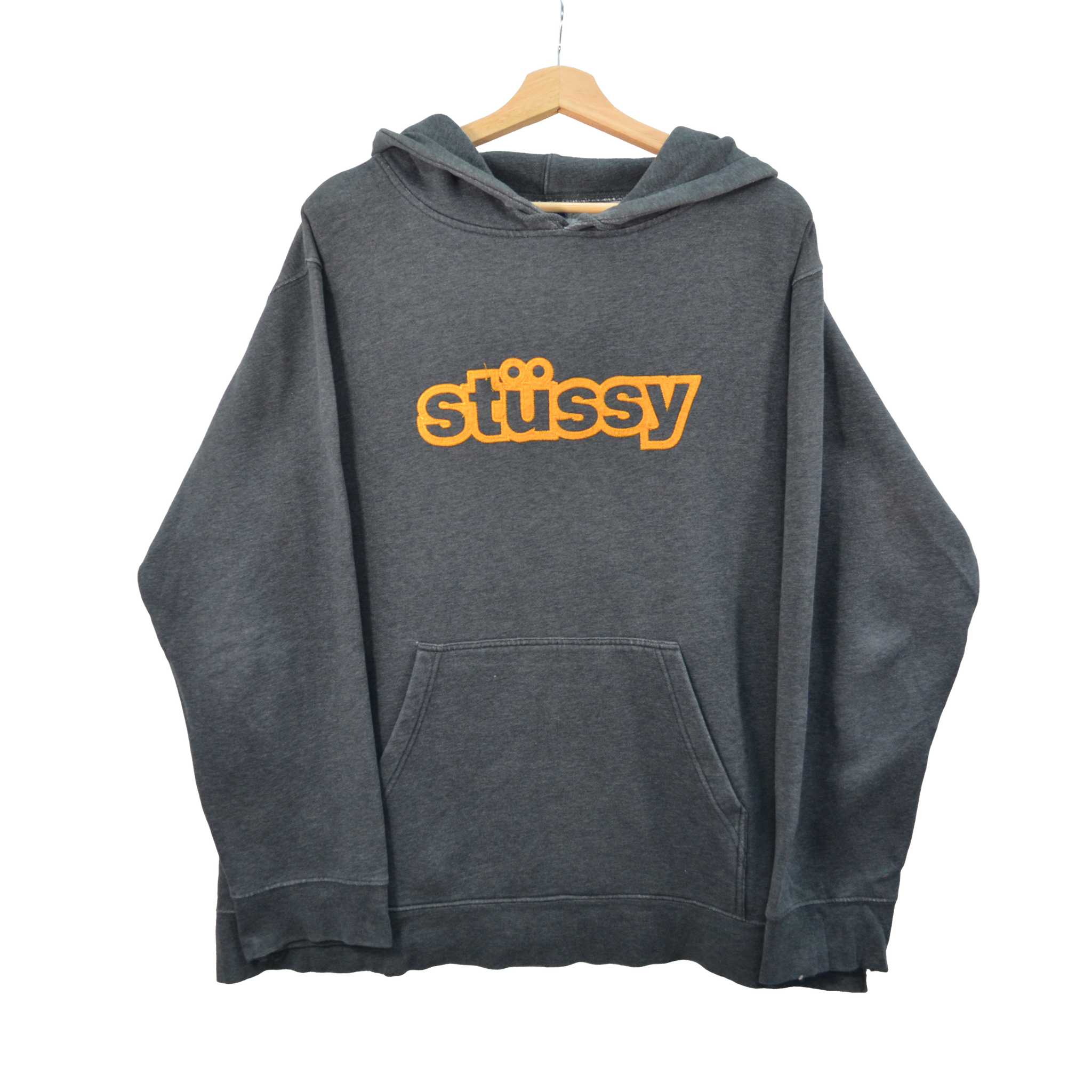 1990S GREY STUSSY YELLOW OUTLINE LOGO HOODIE / MEDIUM