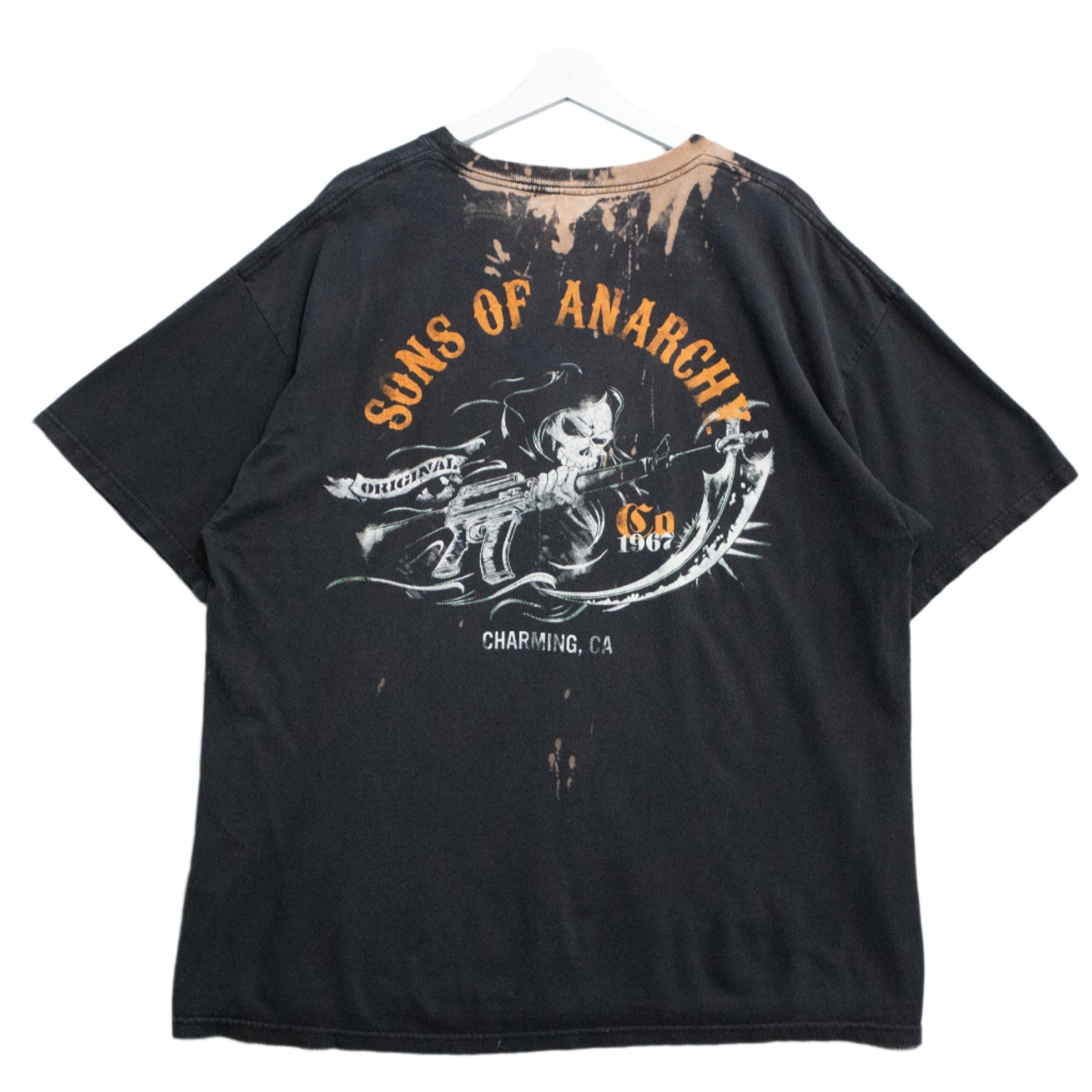 Sons Of Anarchy Vintage Tee Charming, California Skull Gun Tee Bleached Back